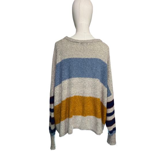 Favlux Oversized Striped Boucle Knit Sweater Gray Blue Mustard Large Cozy Soft - Picture 3 of 9